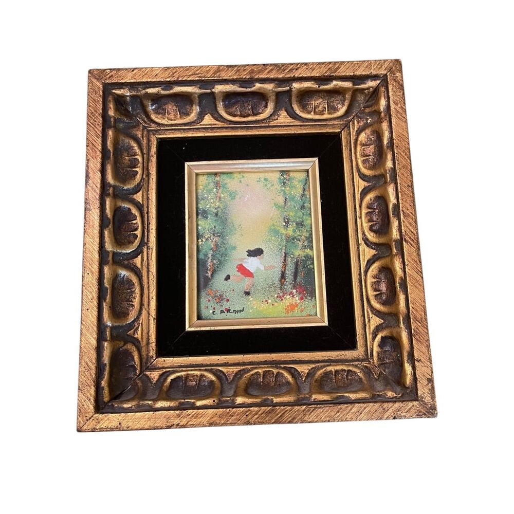 Vintage Louis Cardin Original Enamel on Copper Painting Girl Running 10" x 9"